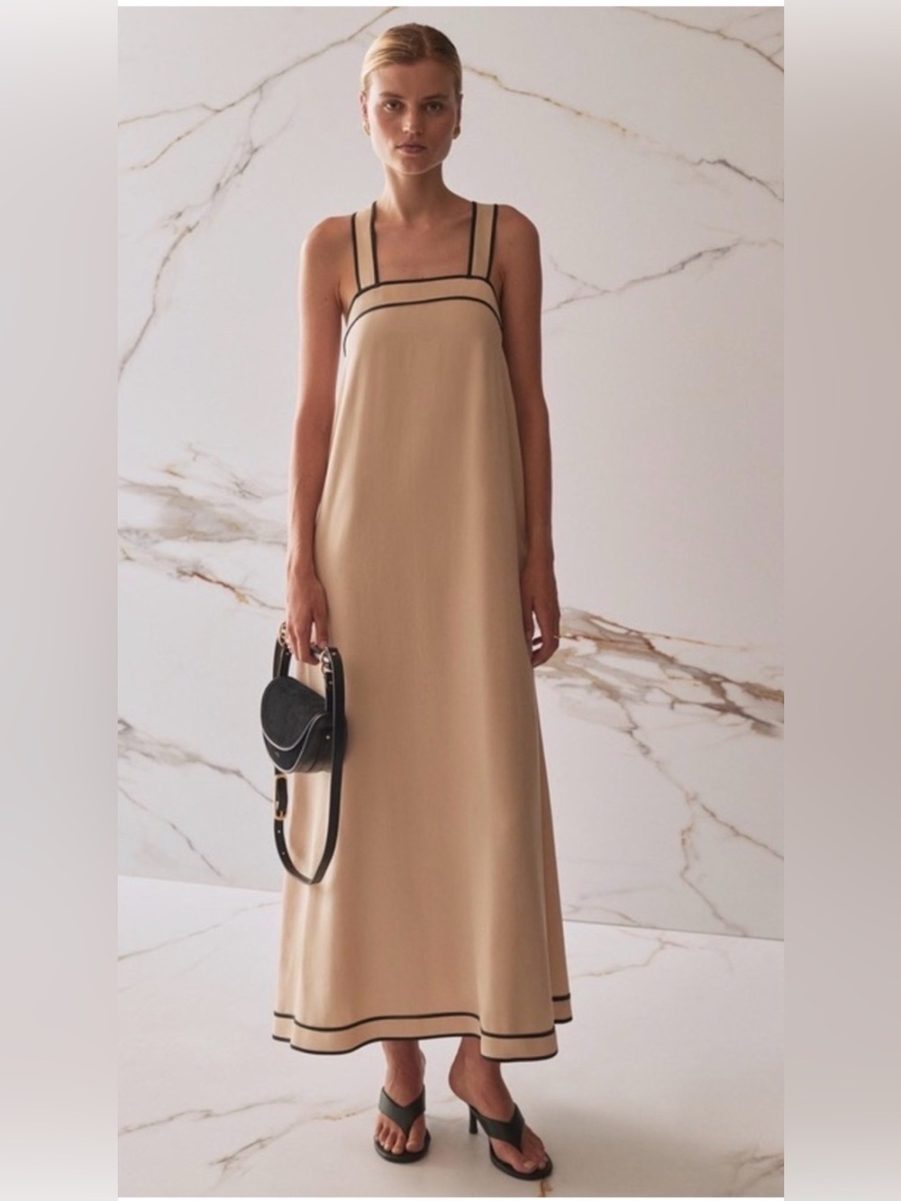 Sancia Beige Contrast-Trim Maxi Dress with Straps